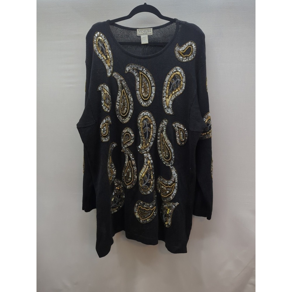 Venezia Vintage 80s Sweater Black Silver Sequins Beaded Knit Womens 18/20 Plus